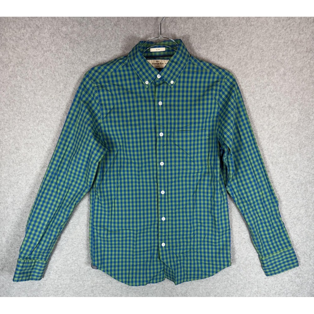 Hawker Rye Shirt Mens XS‎ Blue Green Plaid Button Down Slim Fit Stretch Casual